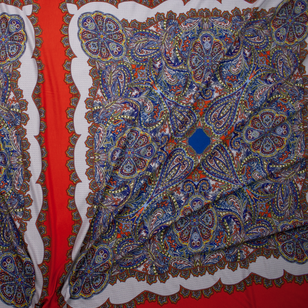 Tiled Multi Bandana Style Print on Bright Red Orange Italian Designer Rayon Jersey Fabric By The Yard - Wide shot