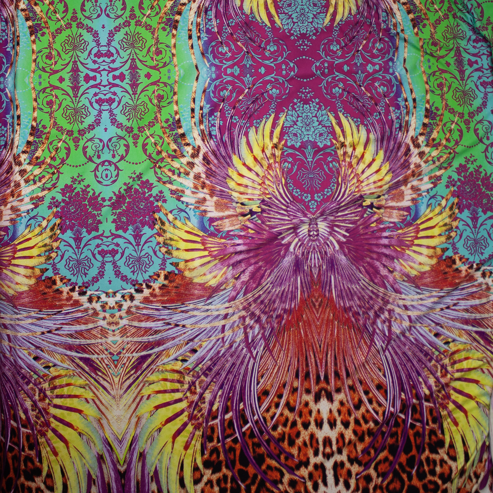 Vibrant Psychedelic Wings, Scrollwork, and Leopard Print Italian Designer Rayon Jersey Fabric By The Yard - Wide shot