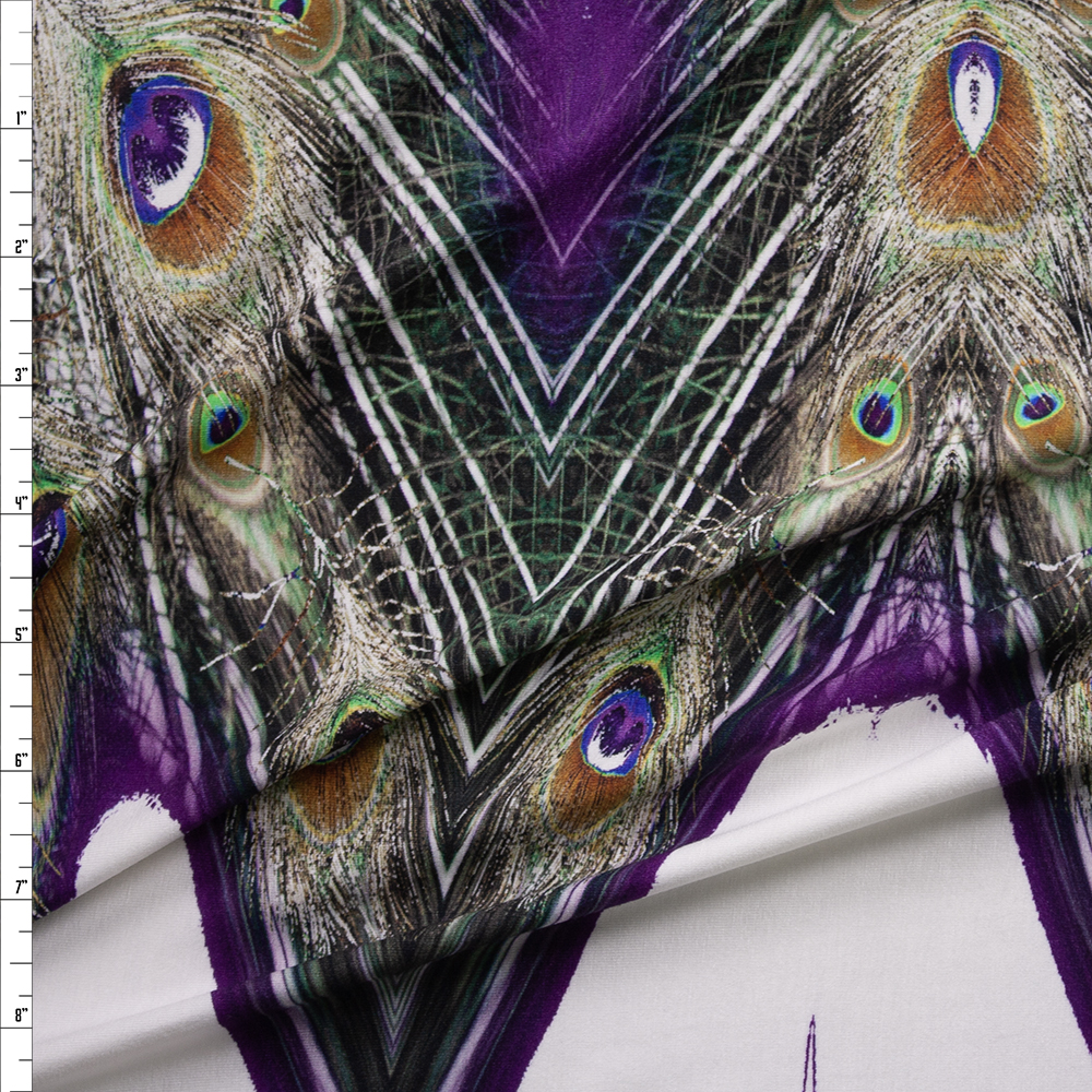 Abstract Peacock Feathers on Plum and Offwhite Italian Designer Rayon Jersey Fabric By The Yard