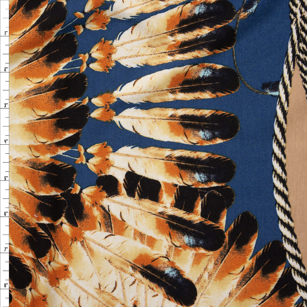 Tan and Slate Ropes and Feathers Italian Designer Rayon Jersey Fabric By The Yard
