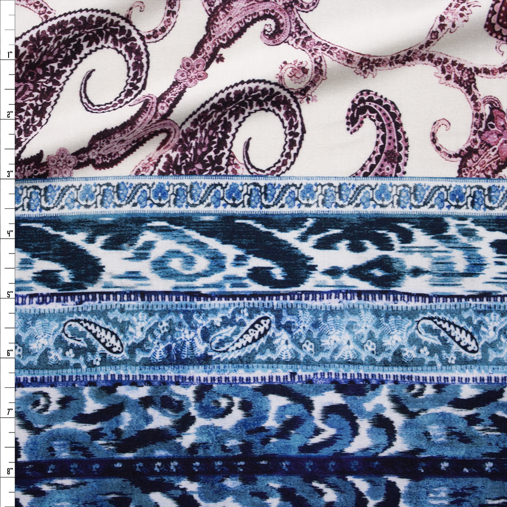 Blue, Plum, and Green Vertical Paisley Stripe Italian Designer Rayon Jersey Fabric By The Yard
