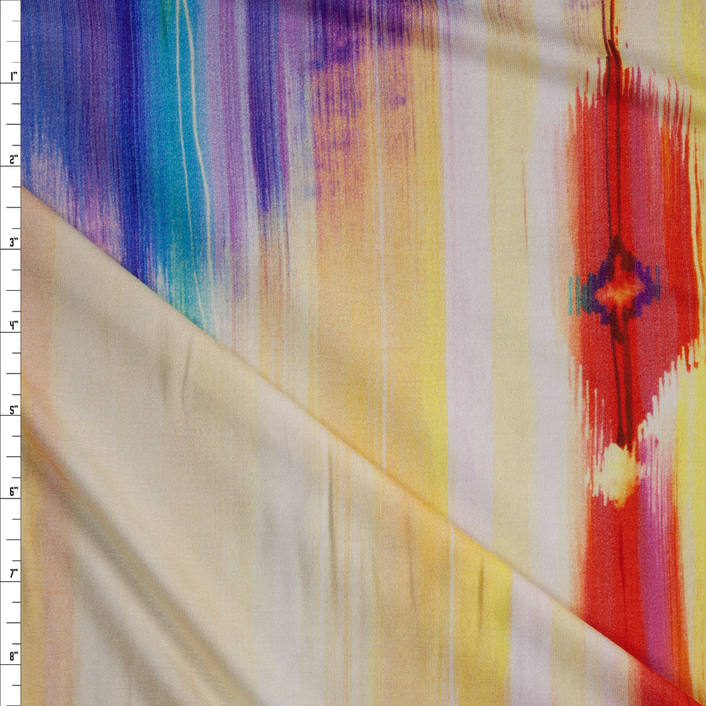 Large Scale Vibrant Vertical Watercolor Stripe Italian Designer Rayon Jersey Fabric By The Yard
