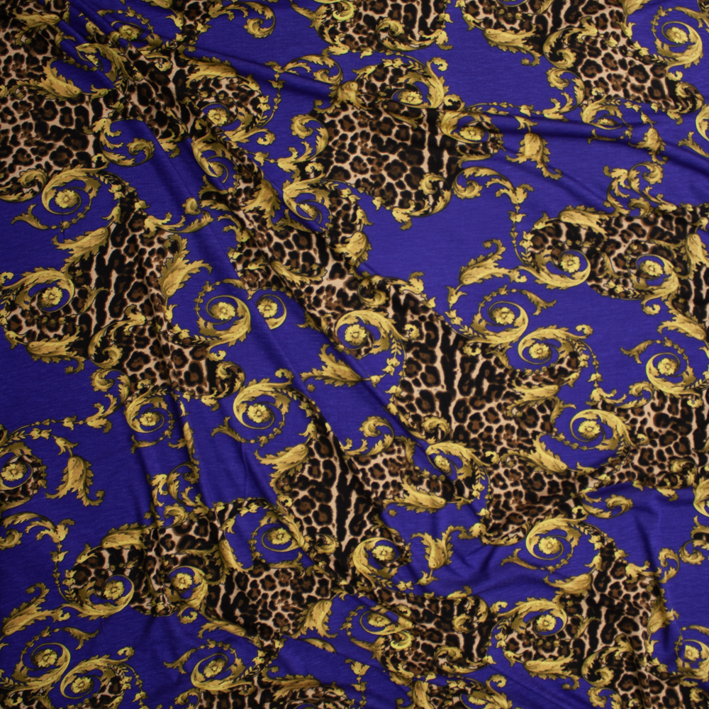 Cheetah Print and Gold Scrollwork on Royal Blue Stretch Rayon Jersey Fabric By The Yard - Wide shot