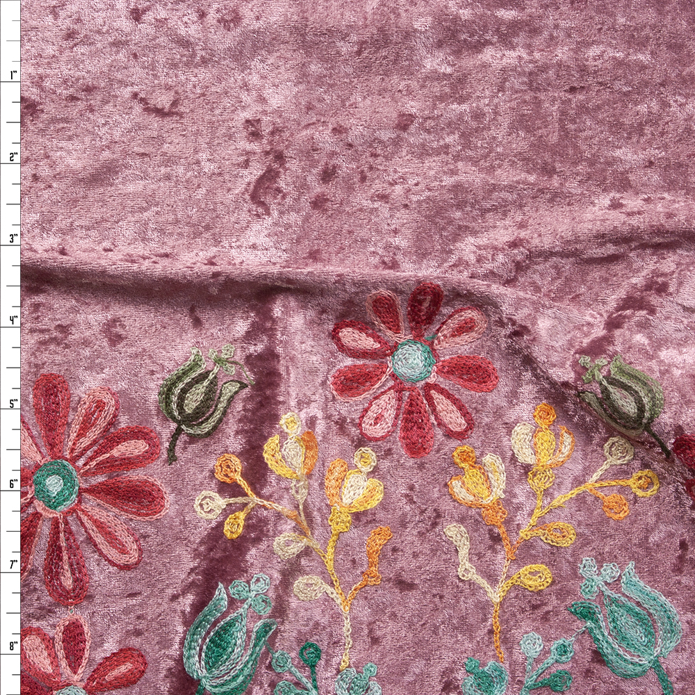 Multi Color Daisy Floral on Mauve Embroidered Border Stretch Velour Fabric By The Yard