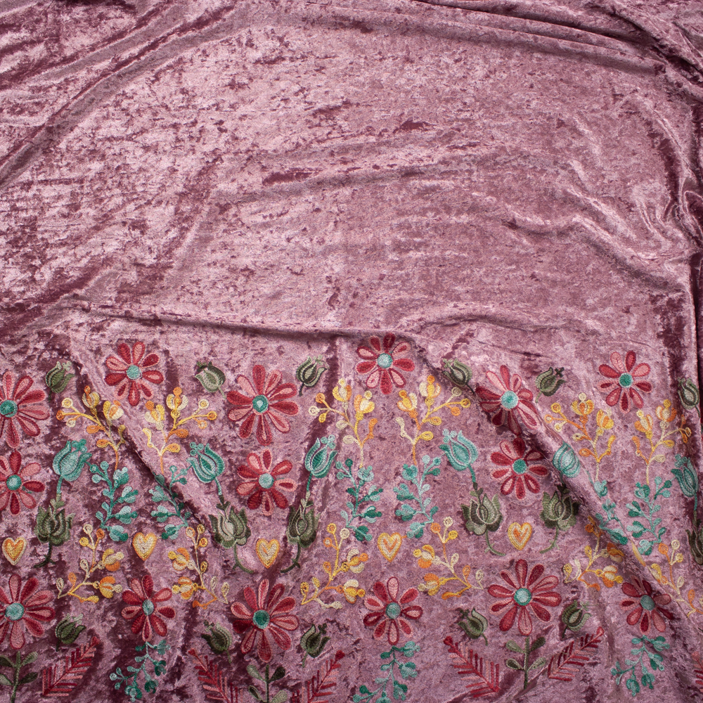 Multi Color Daisy Floral on Mauve Embroidered Border Stretch Velour Fabric By The Yard - Wide shot