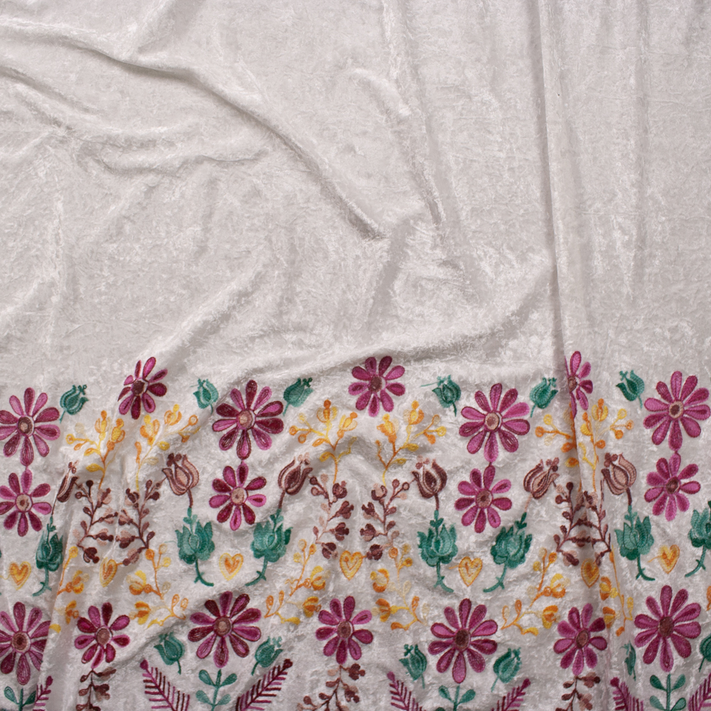 Multi Color Daisy Floral on Ivory Embroidered Border Stretch Velour Fabric By The Yard - Wide shot
