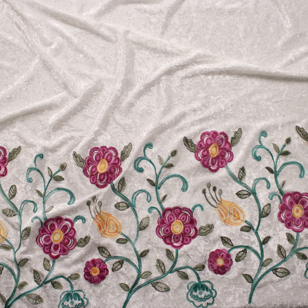 Hot Pink and Yellow Flowers on Ivory Embroidered Border Stretch Velour Fabric By The Yard - Wide shot