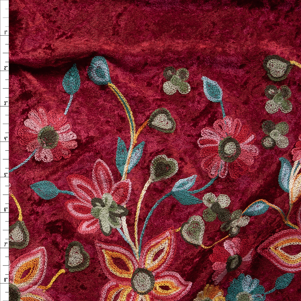 Multi Floral on Burgundy Embroidered Border Stretch Velour Fabric By The Yard