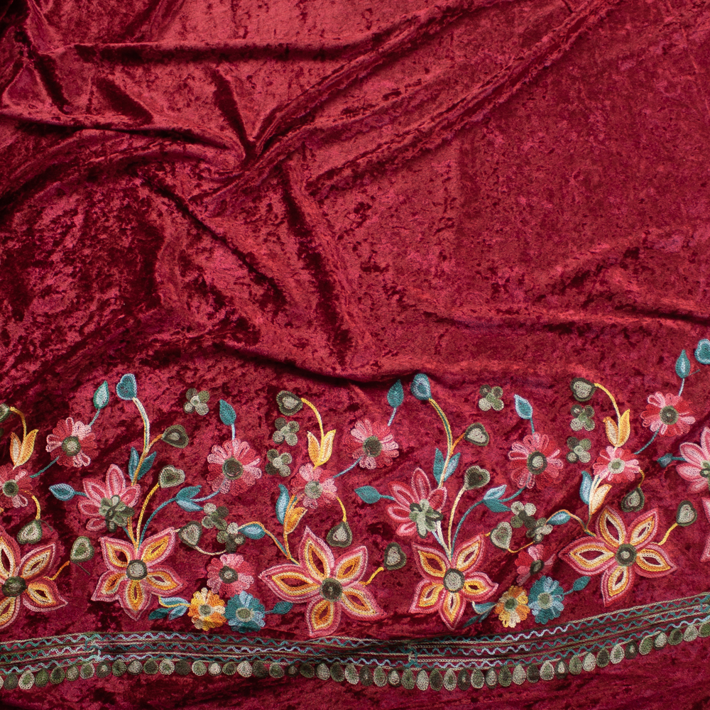 Multi Floral on Burgundy Embroidered Border Stretch Velour Fabric By The Yard - Wide shot