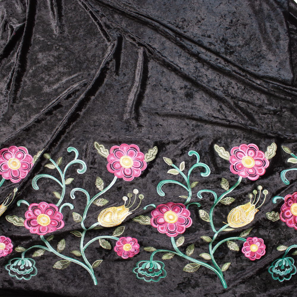 Hot Pink and Yellow Flowers on Black Embroidered Border Stretch Velour Fabric By The Yard - Wide shot