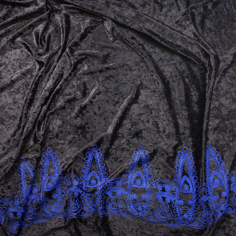 Ornate Royal on Black Embroidered Border Stretch Velour Fabric By The Yard - Wide shot