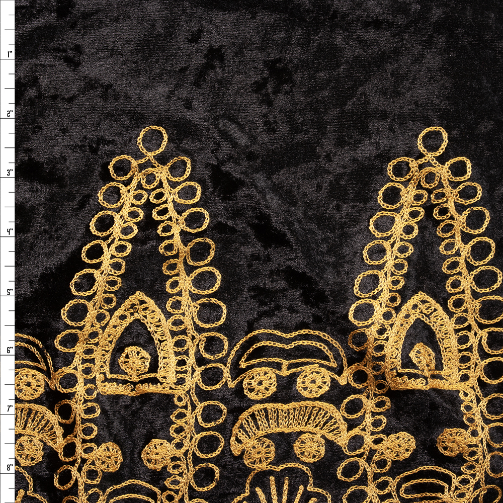 Ornate Yellow on Black Embroidered Border Stretch Velour Fabric By The Yard
