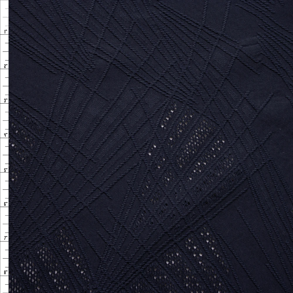 Black on Black Textured Geometric Lines  Mesh Border Midweight Designer Spandex Fabric By The Yard