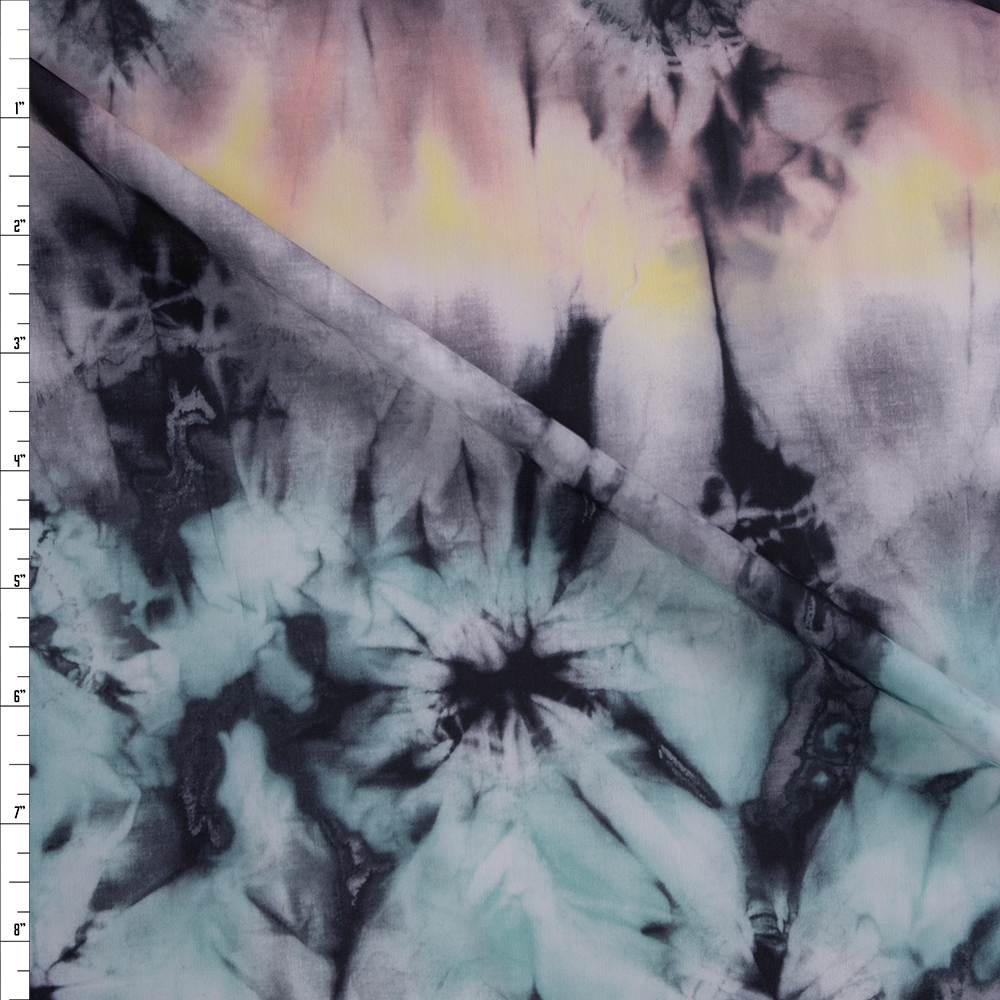 Mint, Grey, Blush, Yellow, and White Tie Dye Nylon/Spandex Fabric By The Yard