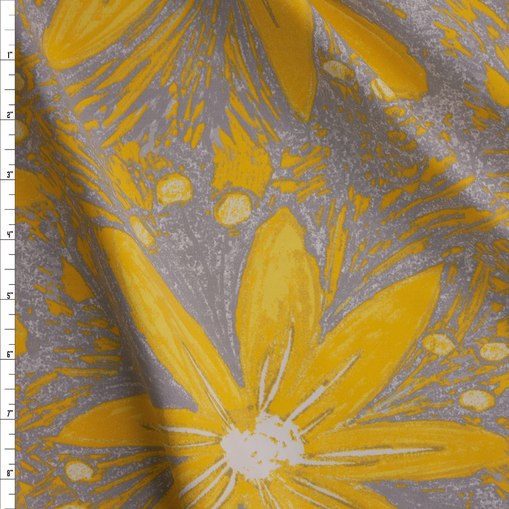 Yellow and Grey Large Daisy Floral Nylon/Spandex Fabric By The Yard