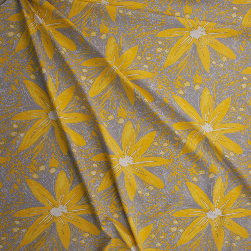 Yellow and Grey Large Daisy Floral Nylon/Spandex Fabric By The Yard - Wide shot