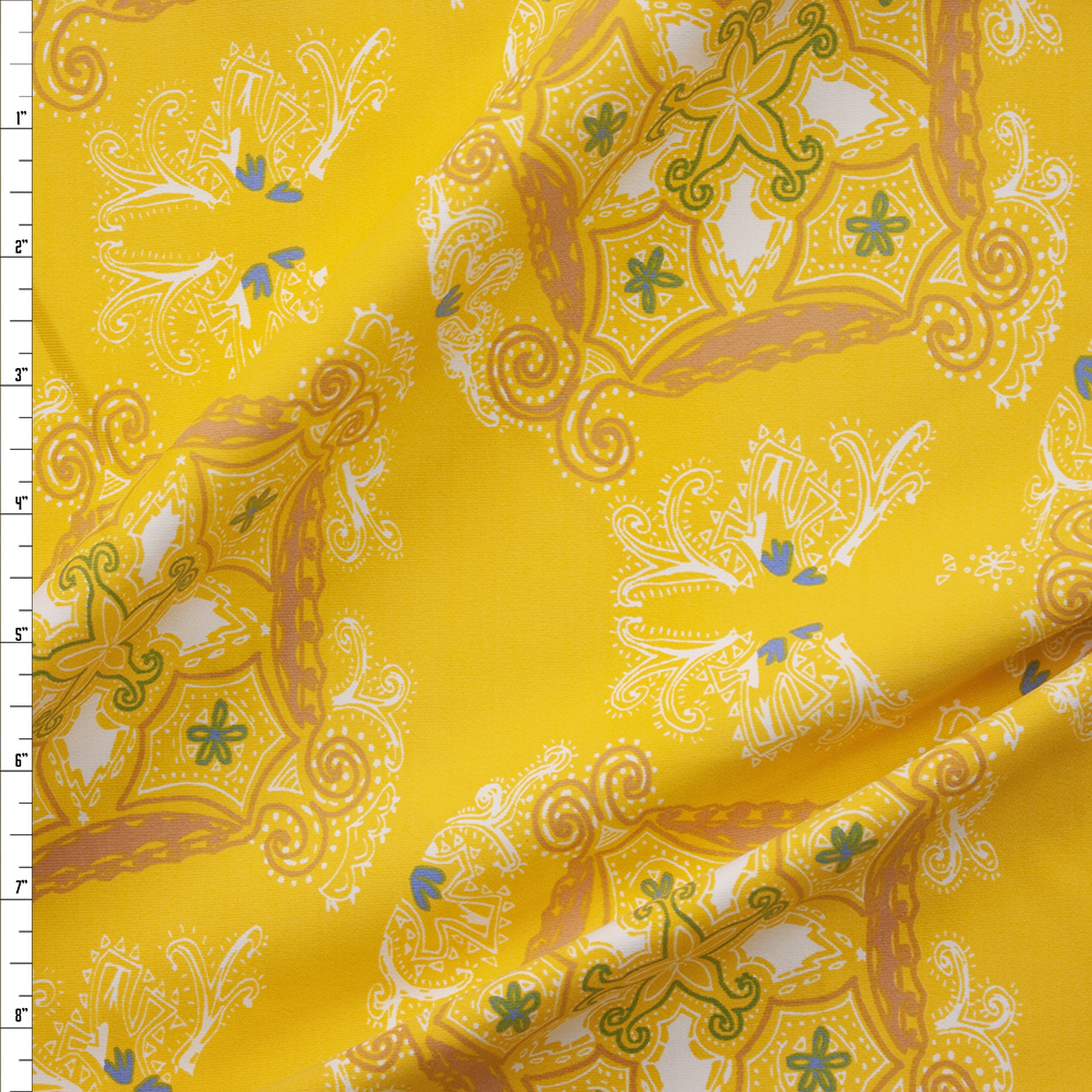Yellow and Tan Paisley Print Nylon/Spandex Fabric By The Yard