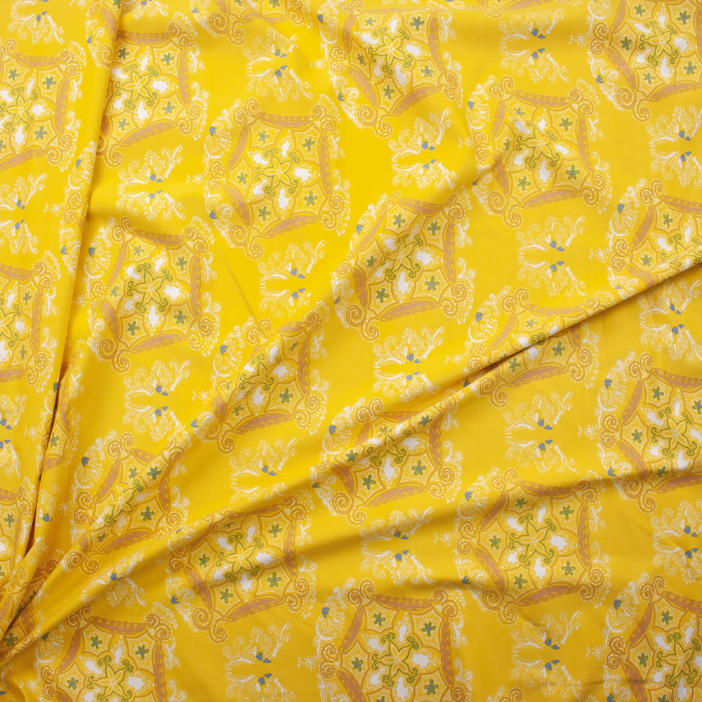 Yellow and Tan Paisley Print Nylon/Spandex Fabric By The Yard - Wide shot