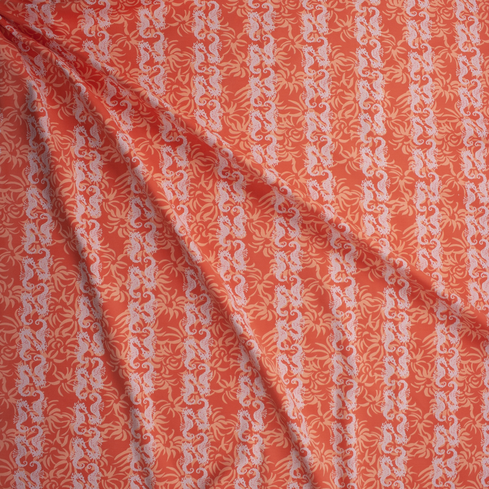 Ivory Seahorses on Orange and Peach Sea Floral Nylon/Spandex Fabric By The Yard - Wide shot