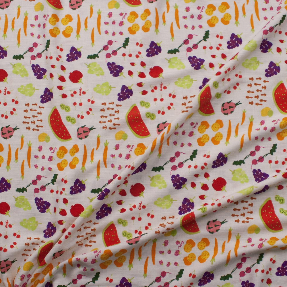 Hand Drawn Summer Fruit on Offwhite Linen Look Fabric By The Yard - Wide shot