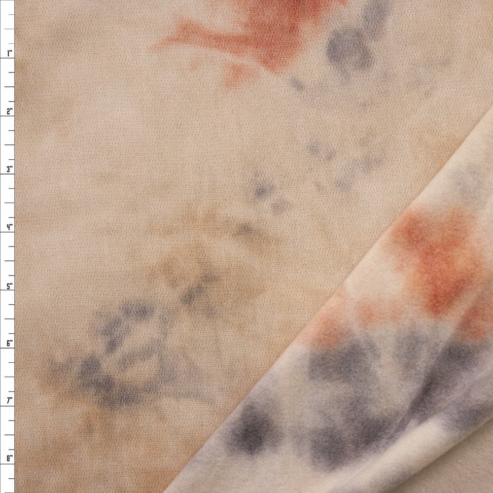 Tan, Grey, and Rust Tie Dye Lightweight Sweatshirt Fleece Fabric By The Yard