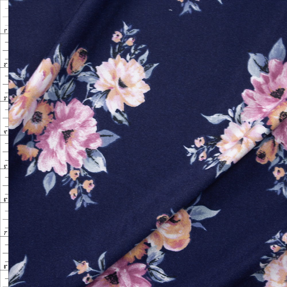 Peach and Lavender Floral Clusters on Navy Triblend French Terry Fabric By The Yard