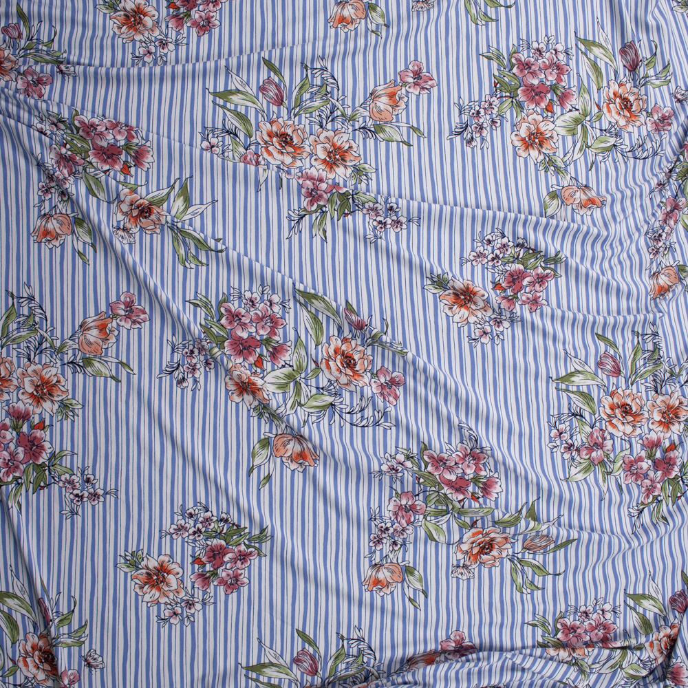 Pink and Orange Floral on Light Blue and White Vertical Stripes Double Brushed Poly Knit #25635 Fabric By The Yard - Wide shot