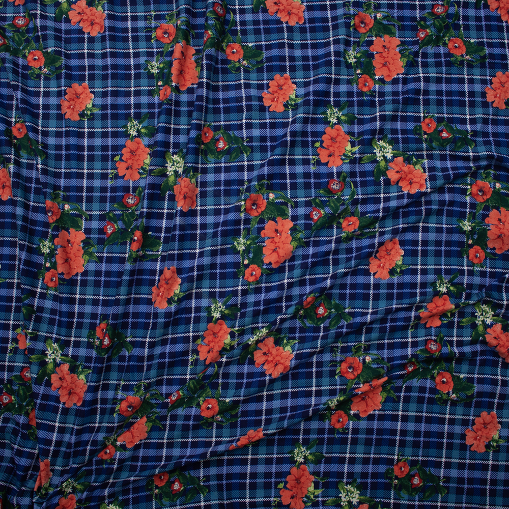Coral Flowers on Blue, Teal, and White Plaid Double Brushed Poly Knit #25636 Fabric By The Yard - Wide shot