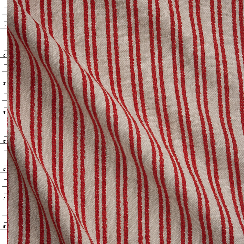 Red and Oatmeal Textured Vertical Stripe Soft Cotton Twill Fabric By The Yard
