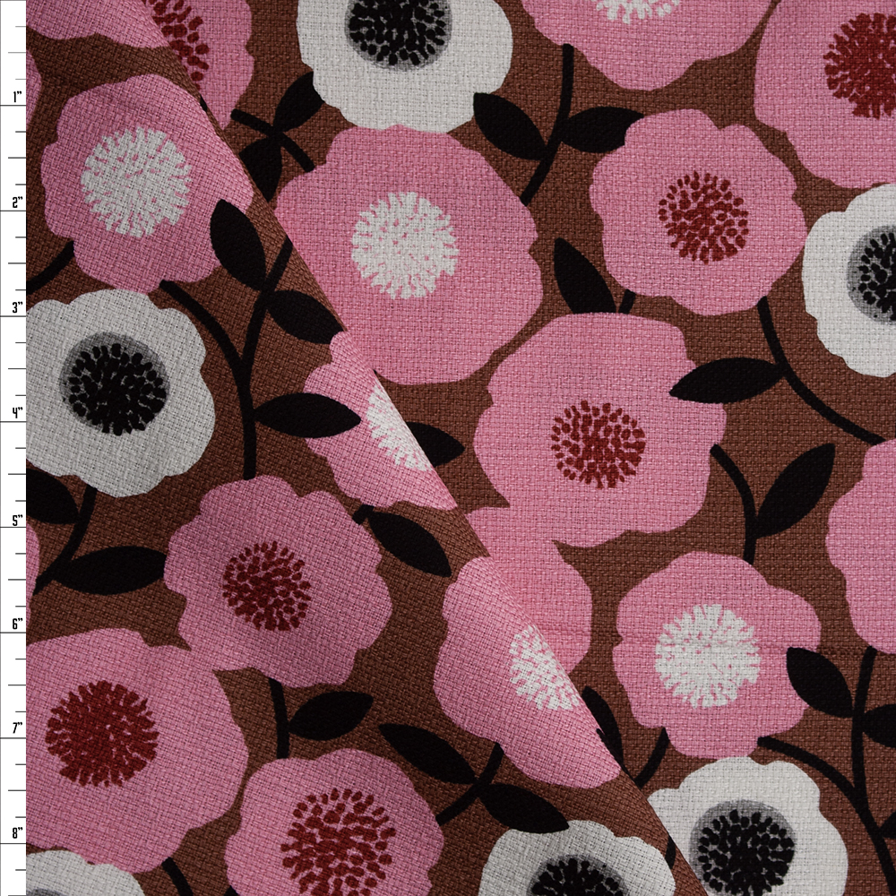 Pink, Brown, Black, and Offwhite Modern Retro Floral Organic Cotton Barkcloth from Cloud 9 Fabrics Fabric By The Yard