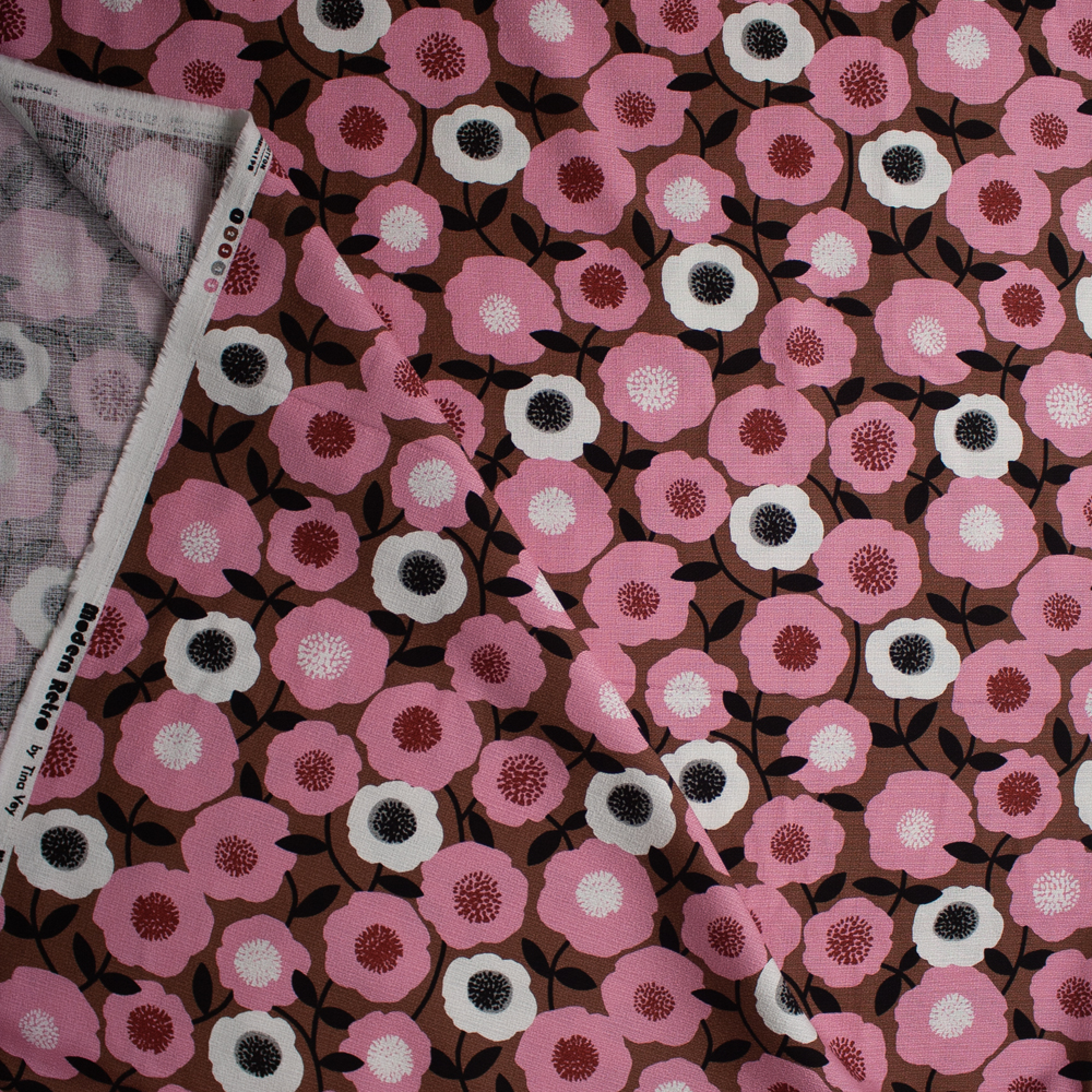 Pink, Brown, Black, and Offwhite Modern Retro Floral Organic Cotton Barkcloth from Cloud 9 Fabrics Fabric By The Yard - Wide shot