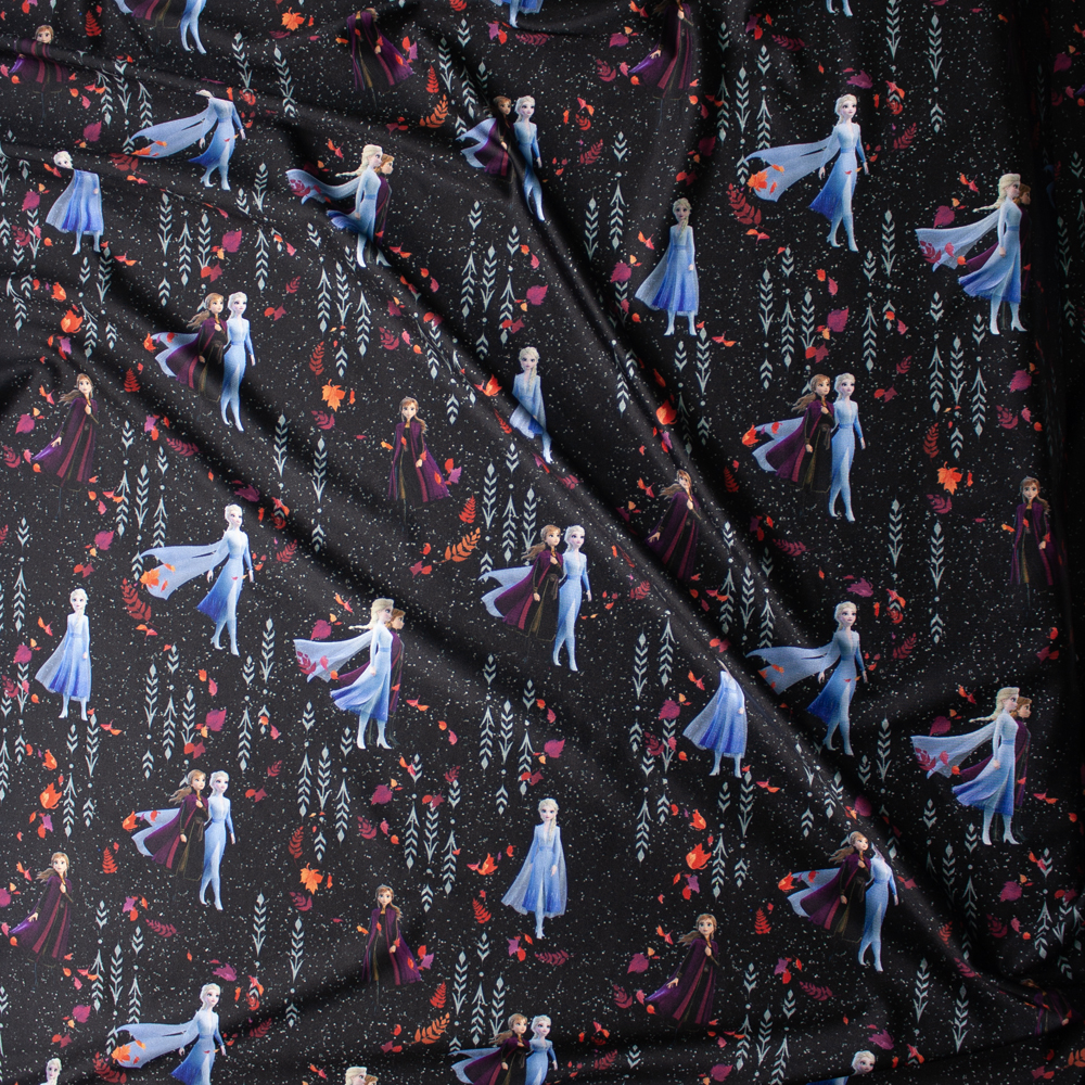 Anna and Elsa on Black Nylon/Spandex Fabric By The Yard - Wide shot