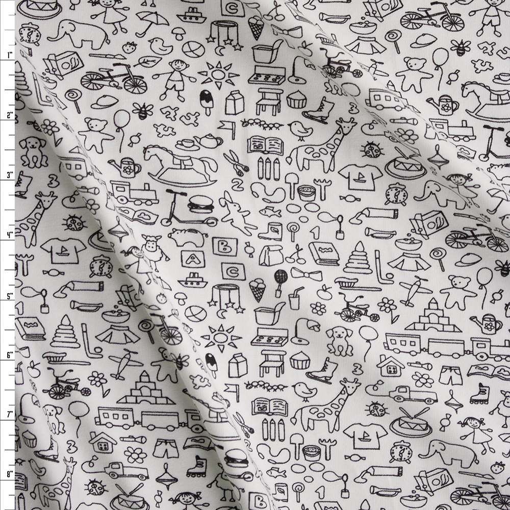Playroom Sketches Black on White Cotton/Spandex Stretch Jersey Fabric By The Yard