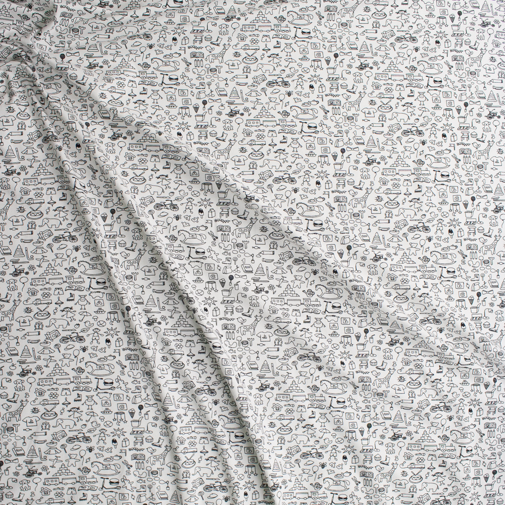 Playroom Sketches Black on White Cotton/Spandex Stretch Jersey Fabric By The Yard - Wide shot