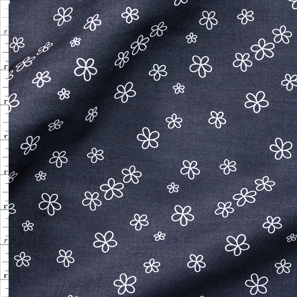 White Whimsy Flowers on Indigo Designer Midweight Chambray Fabric By The Yard