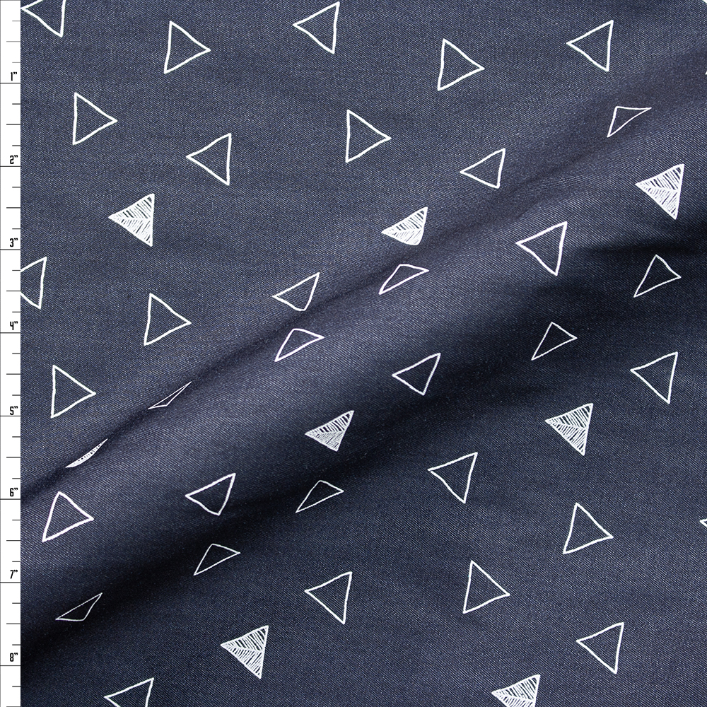 Tossed White Triangles on Indigo Designer Midweight Chambray Fabric By The Yard