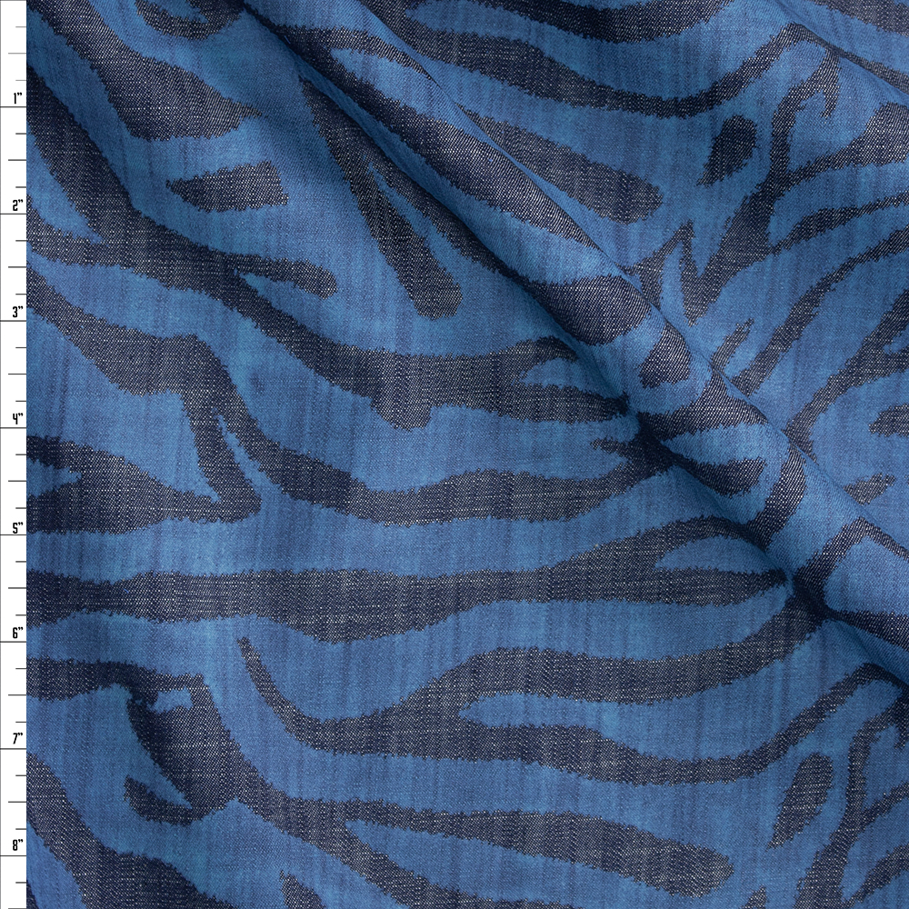 Blue Tiger on Indigo Designer Cotton Chambray Fabric By The Yard