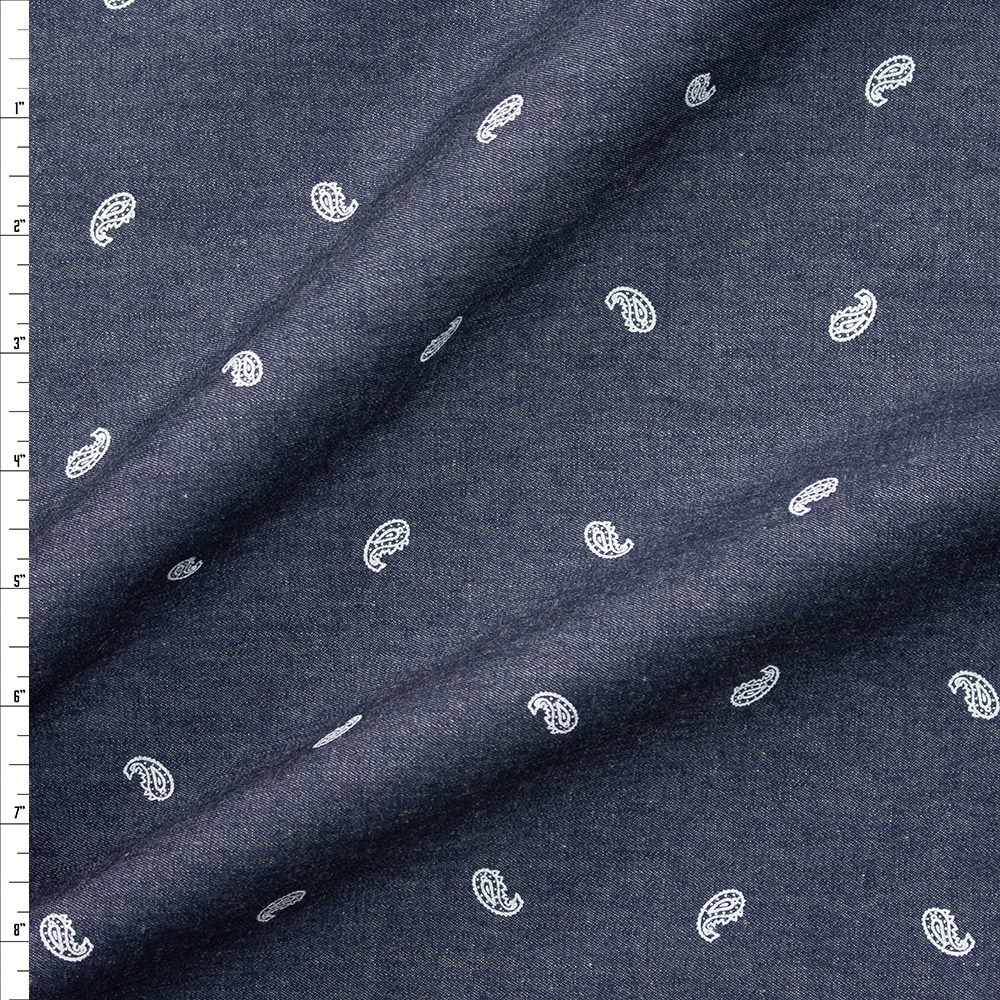 White Paisleys on Indigo Designer Cotton Chambray Fabric By The Yard
