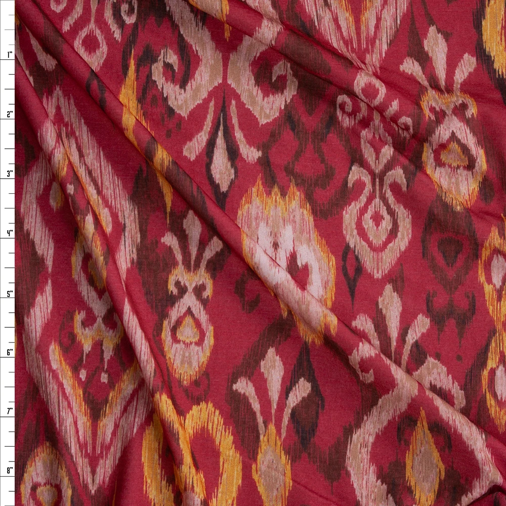 Wine, Tan, and Mustard Ikat Poly Jersey Knit Fabric By The Yard