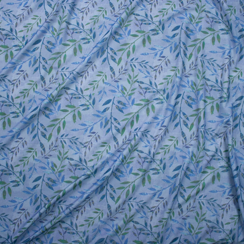 Patterned Sage and Blue Branches on Slate Spun Poly Jersey Knit Fabric By The Yard - Wide shot
