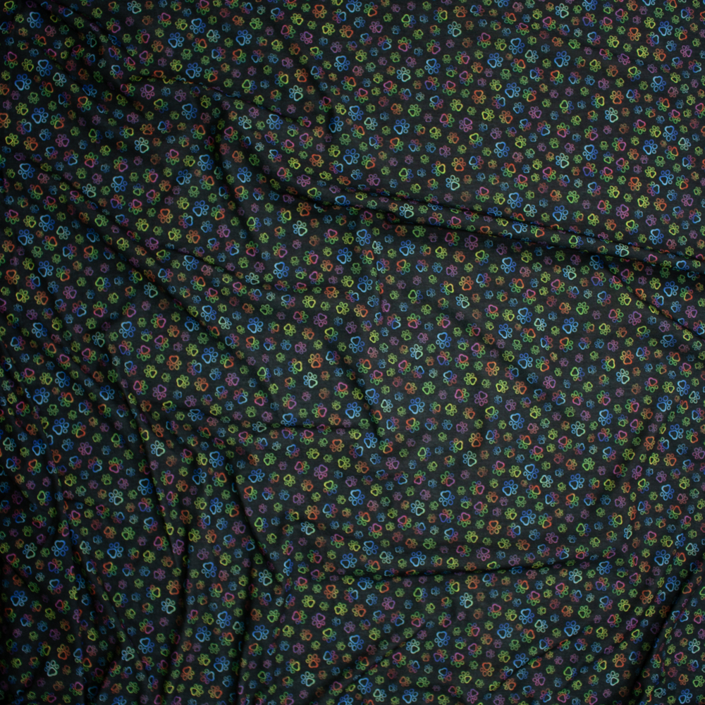 Rainbow Paws on Black Spun Poly Jersey Knit Fabric By The Yard - Wide shot