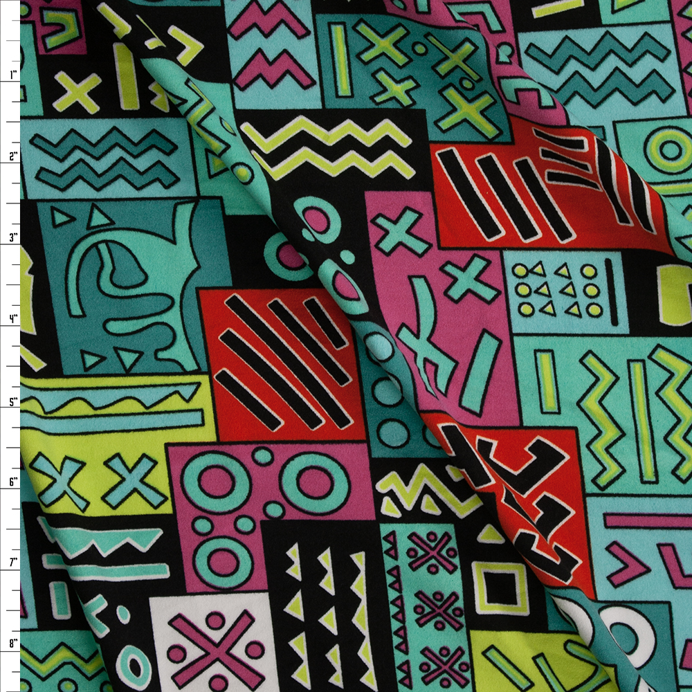 Green, Black, Pink, Red, and Yellow Blocky Abstracts Double Brushed Poly Fabric By The Yard