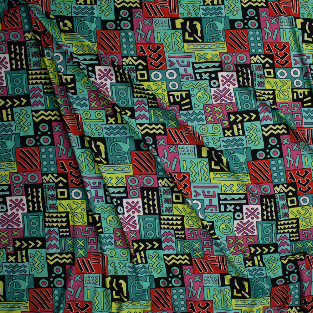 Green, Black, Pink, Red, and Yellow Blocky Abstracts Double Brushed Poly Fabric By The Yard - Wide shot
