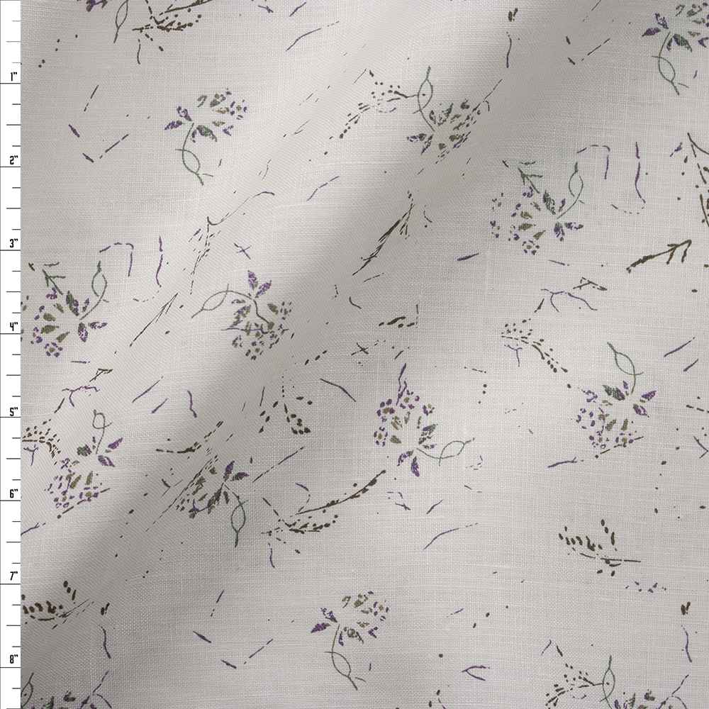 Plum, Sage, and Brown Vine Line Art on Ivory Designer Linen Fabric By The Yard