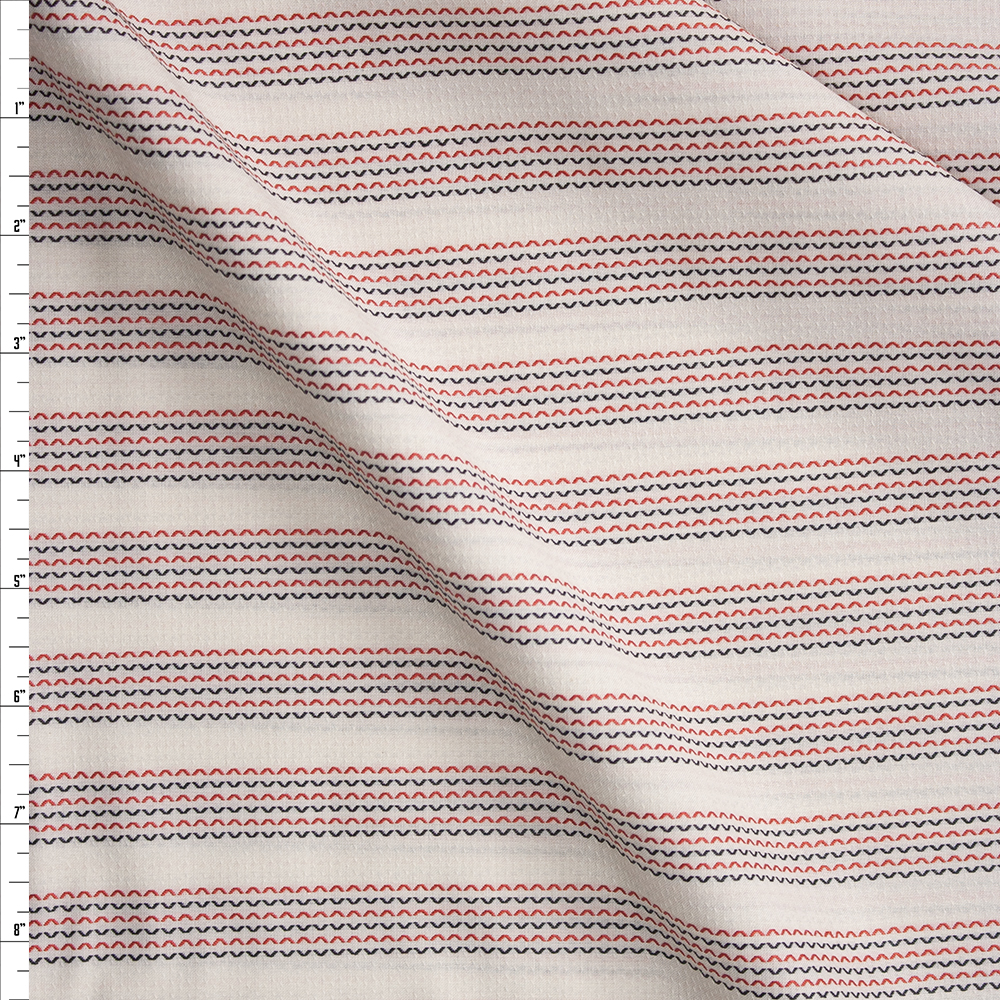 Red and Black Geo Stripe on Ivory Designer Cotton Dobby Fabric By The Yard