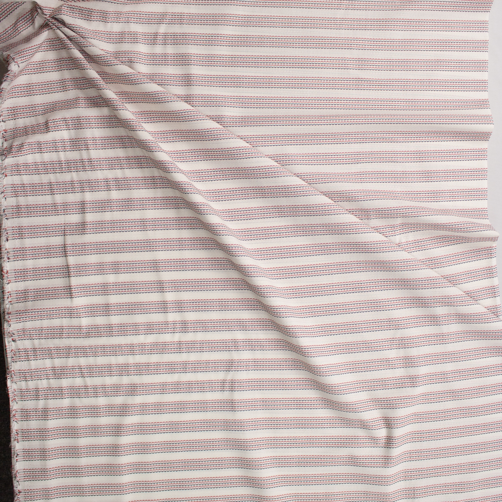 Red and Black Geo Stripe on Ivory Designer Cotton Dobby Fabric By The Yard - Wide shot