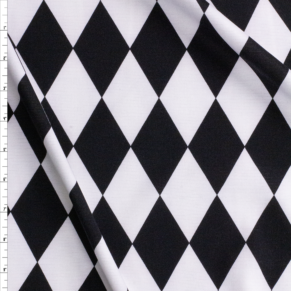 Black and White Harlequin Diamonds Designer Ponte De Roma Fabric By The Yard