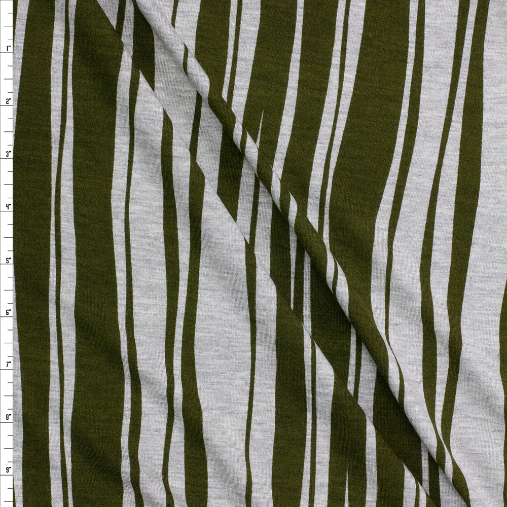 Olive and Heather Grey Vertical Wavy Stripe Designer Stretch Rayon Jersey Fabric By The Yard