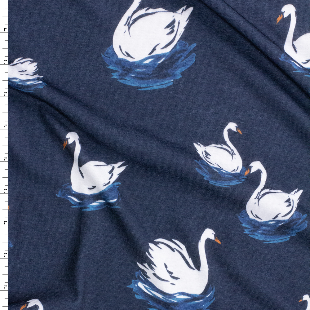 Swans on Navy Spun Poly Jersey Knit Fabric By The Yard