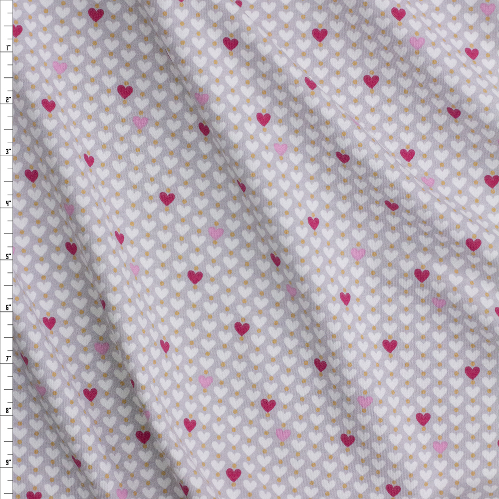 Red, Pink, White, and Grey Hearts Triblend Jersey Knit Fabric By The Yard